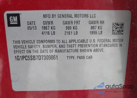 2013 Chevrolet Cruze 1Lt Auto z USA, uszkodzony, nr VIN 1G1PC5SB7D7309861